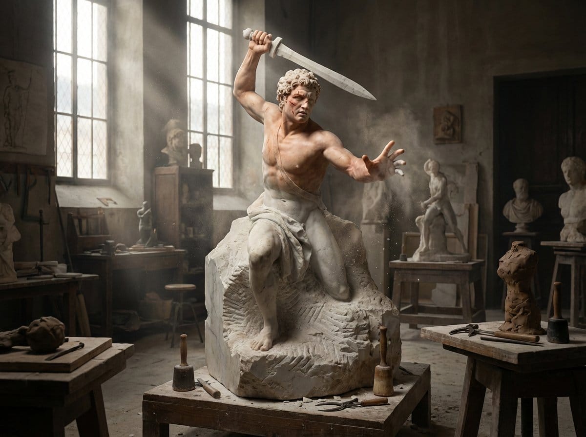 Sculptor's Awakening Cinematic Scene Prompt