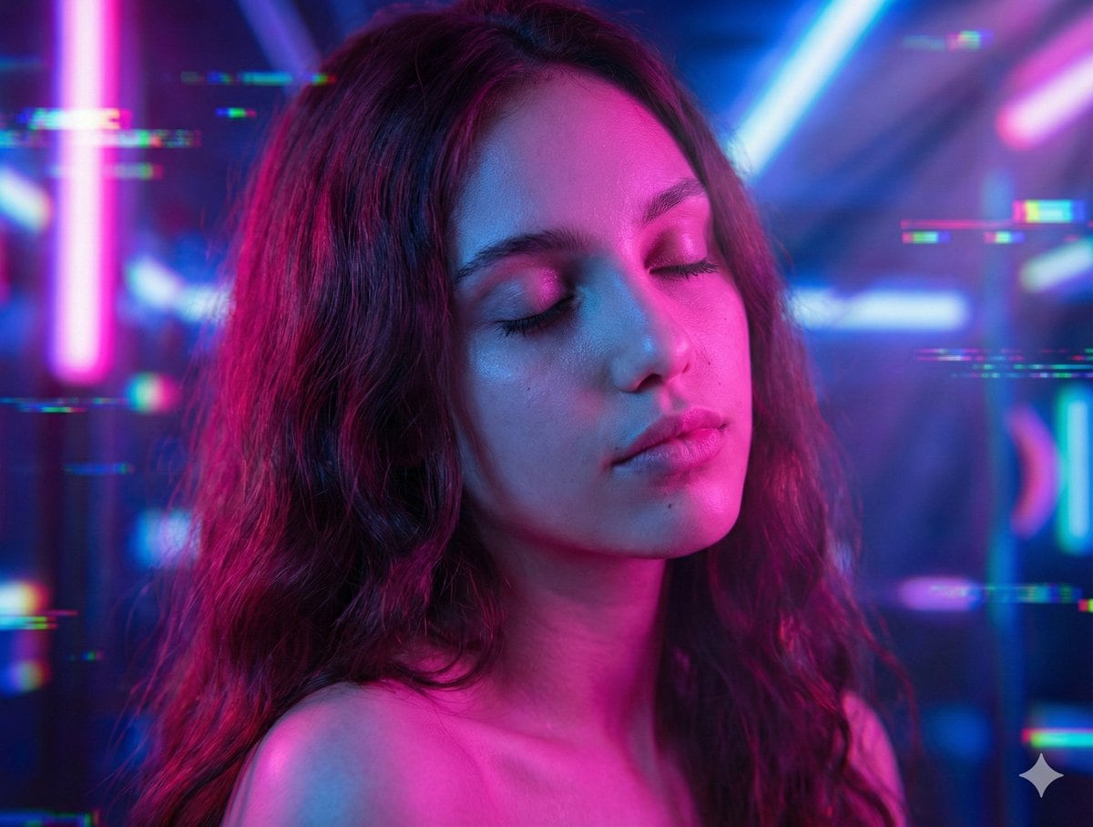 Seductive Cyberpunk Beauty Portrait with Neon Lighting