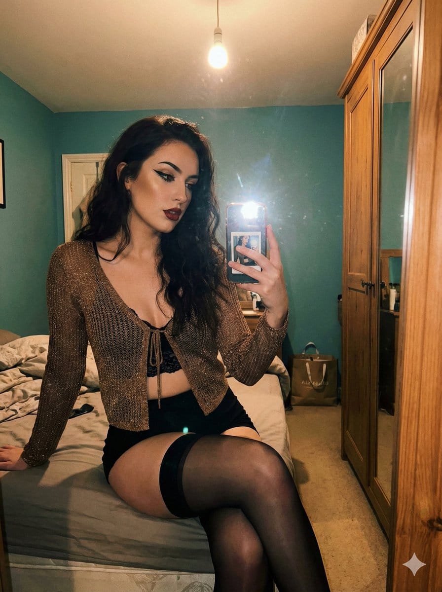 Seductive Low-Light Mirror Selfie with Flash
