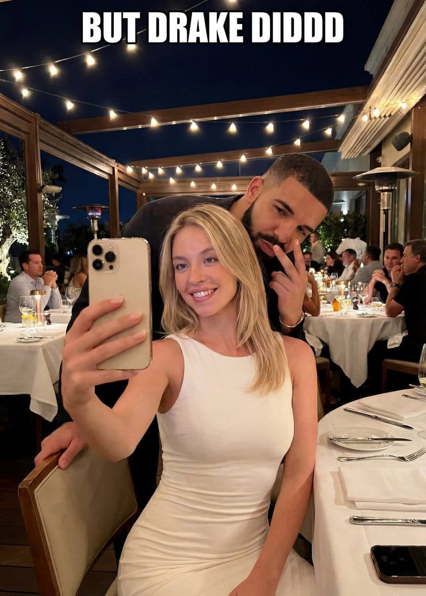 Selfie Scene in an Upscale Restaurant with Text Overlay