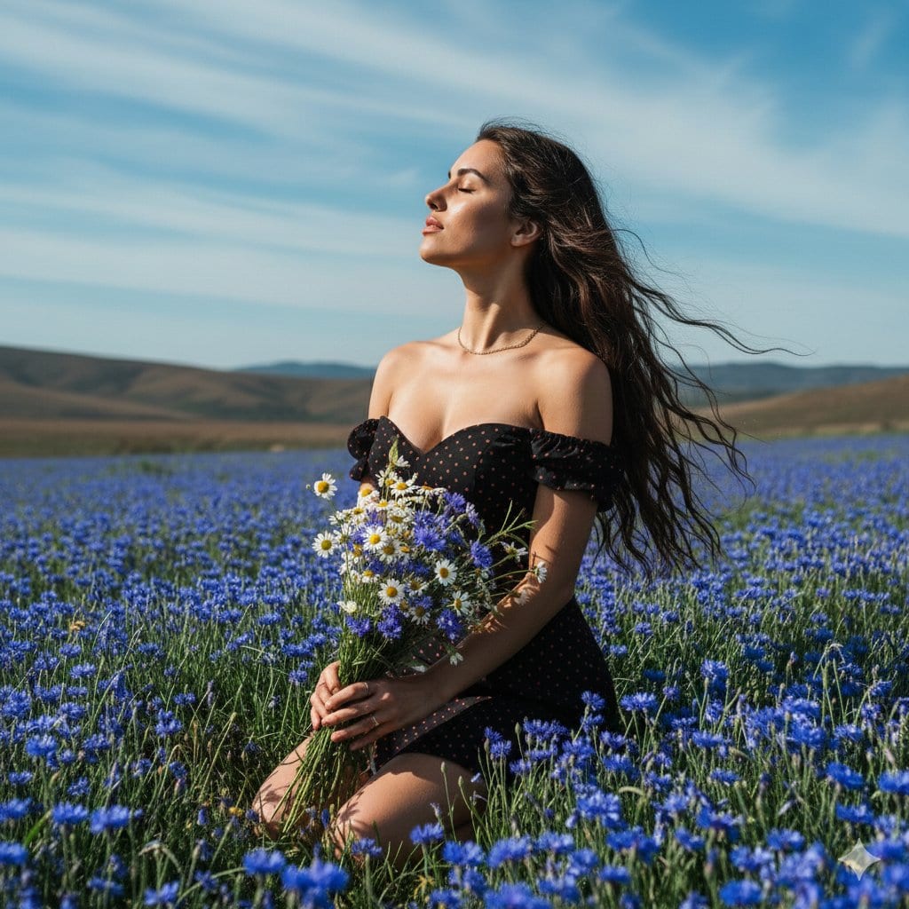 Serene Portrait of a Woman Kneeling in a Wildflower Field