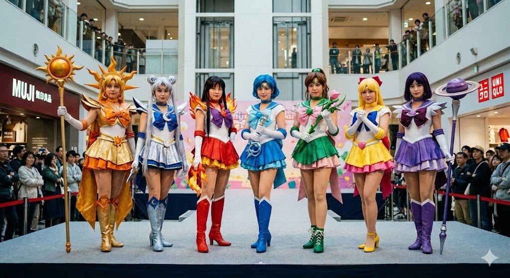 Seven Magical Girls Posing on Stage