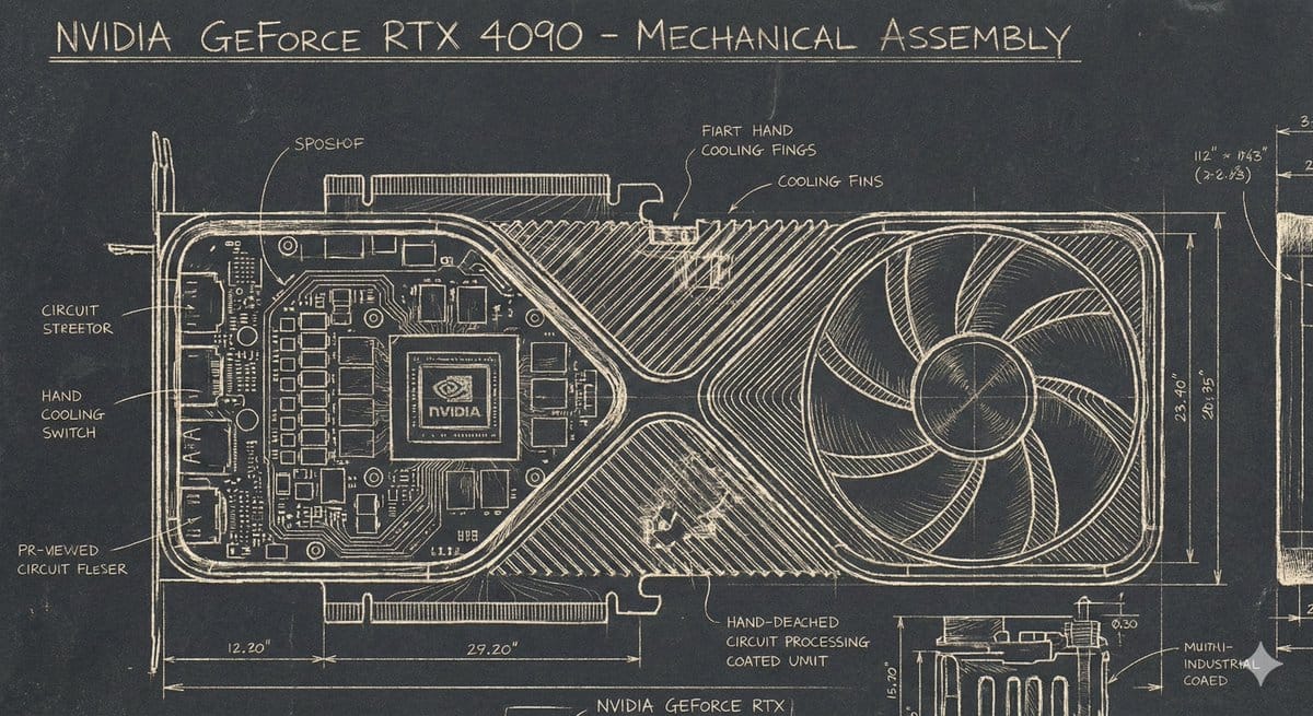 Sgraffito Mechanical Blueprint of NVIDIA 4090 GPU