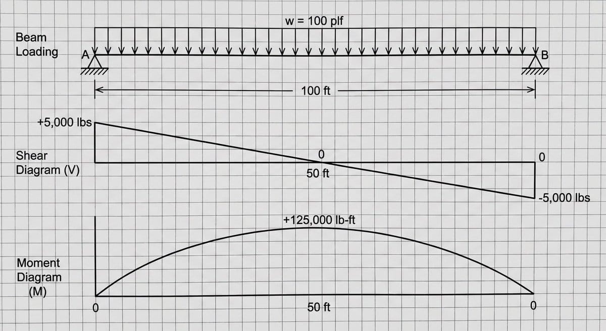 Shear and moment diagram for a loaded beam