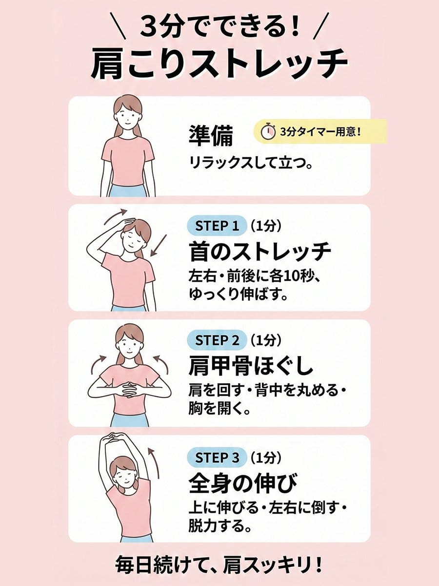 Shoulder-stretch infographic for neck and shoulder stiffness