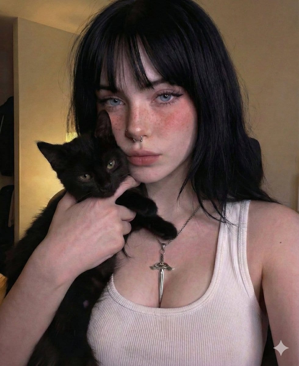 Soft Grunge Selfie with Black Cat Companion