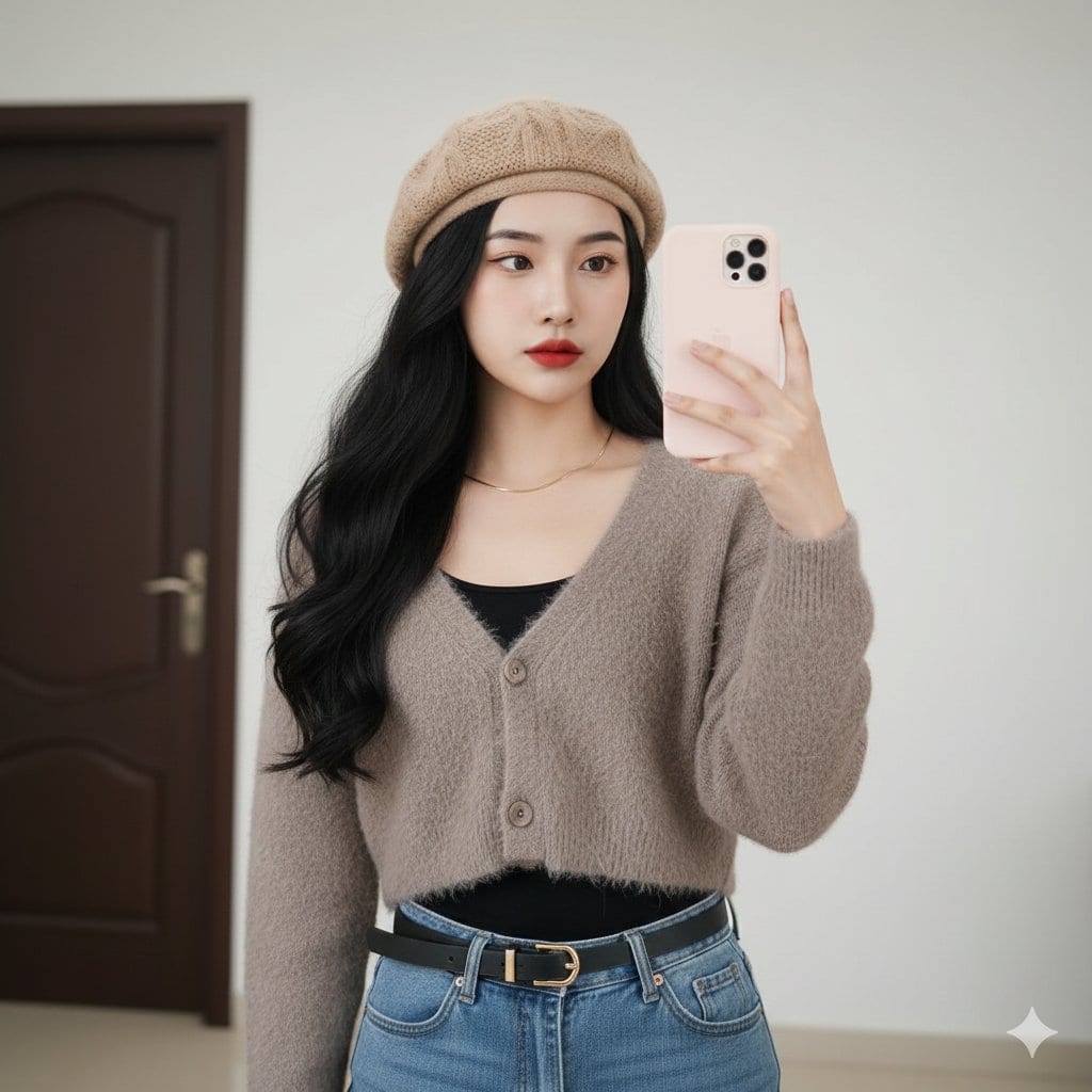 Sophisticated Mirror Selfie in Minimalist Setting