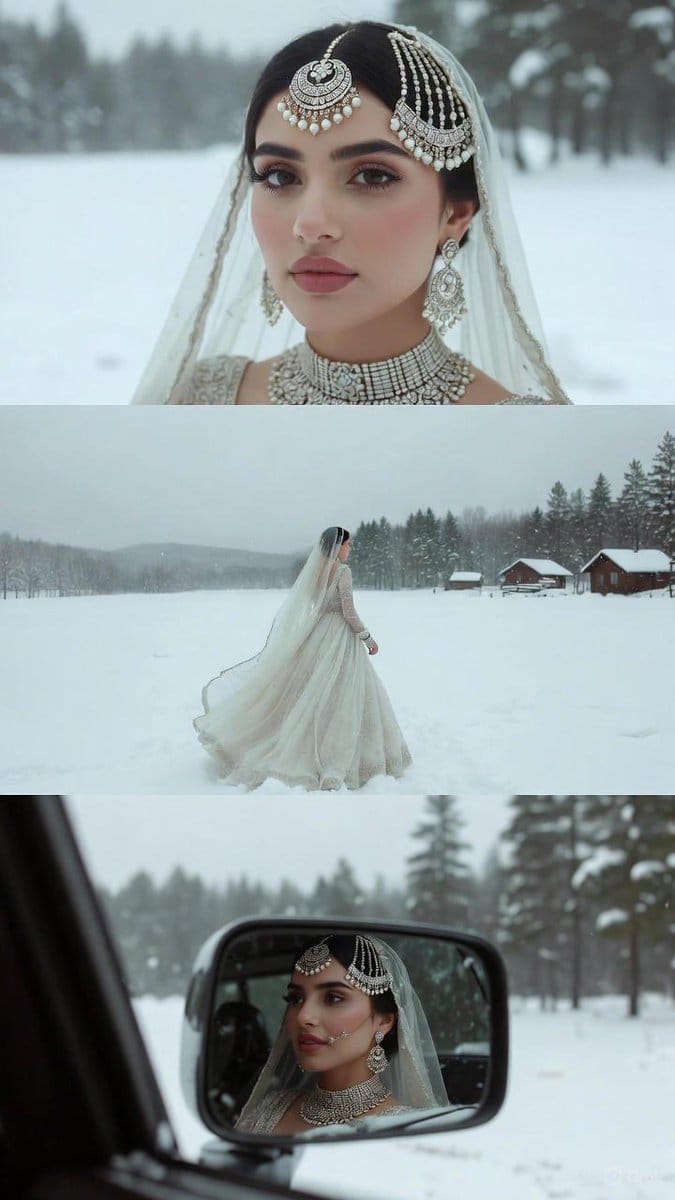 South Asian Bride in Snowy Landscape Collage