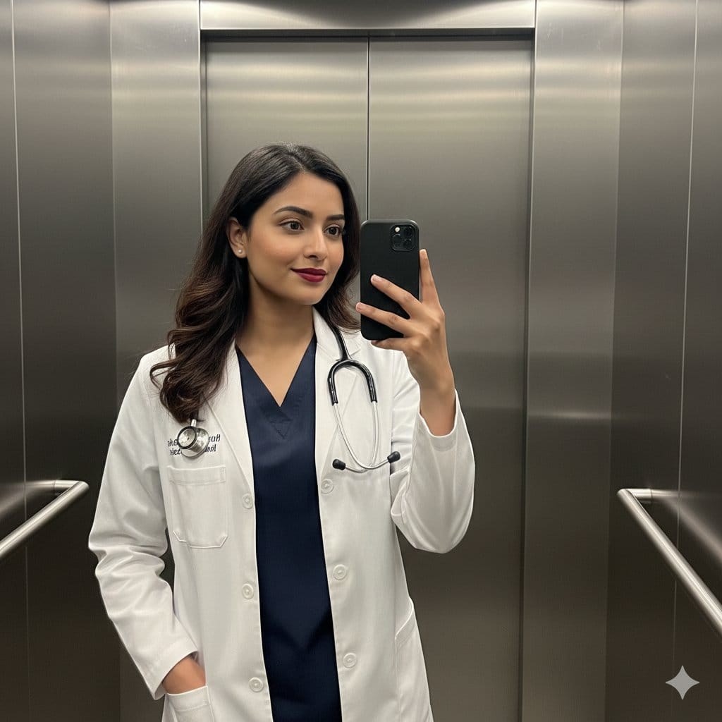 South Asian Doctor Mirror Selfie Prompt