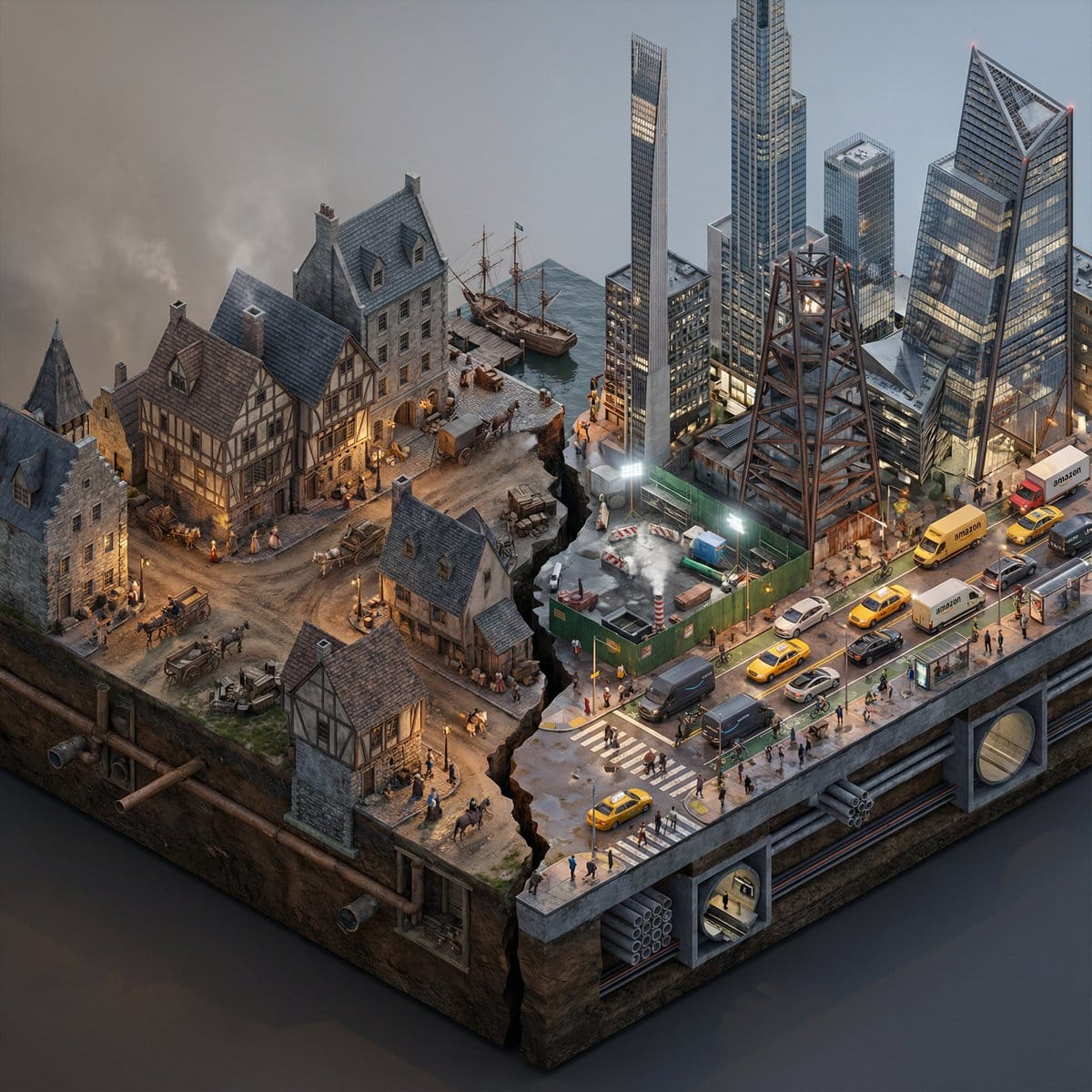 Split-Era Urban Diorama Generation Prompt for Nano Banana Pro