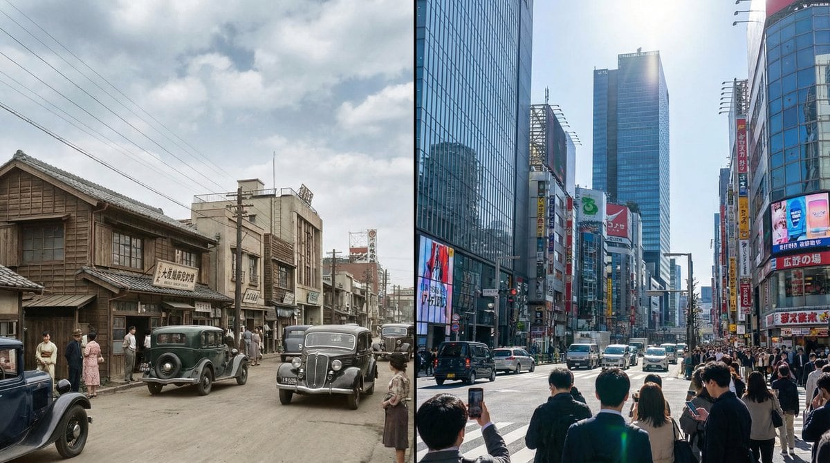 Split-screen time-lapse of same location by coordinates