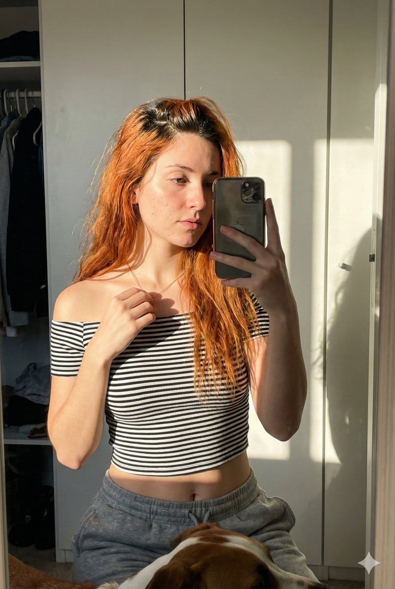 Sun-Drenched Mirror Selfie with Dog in Foreground