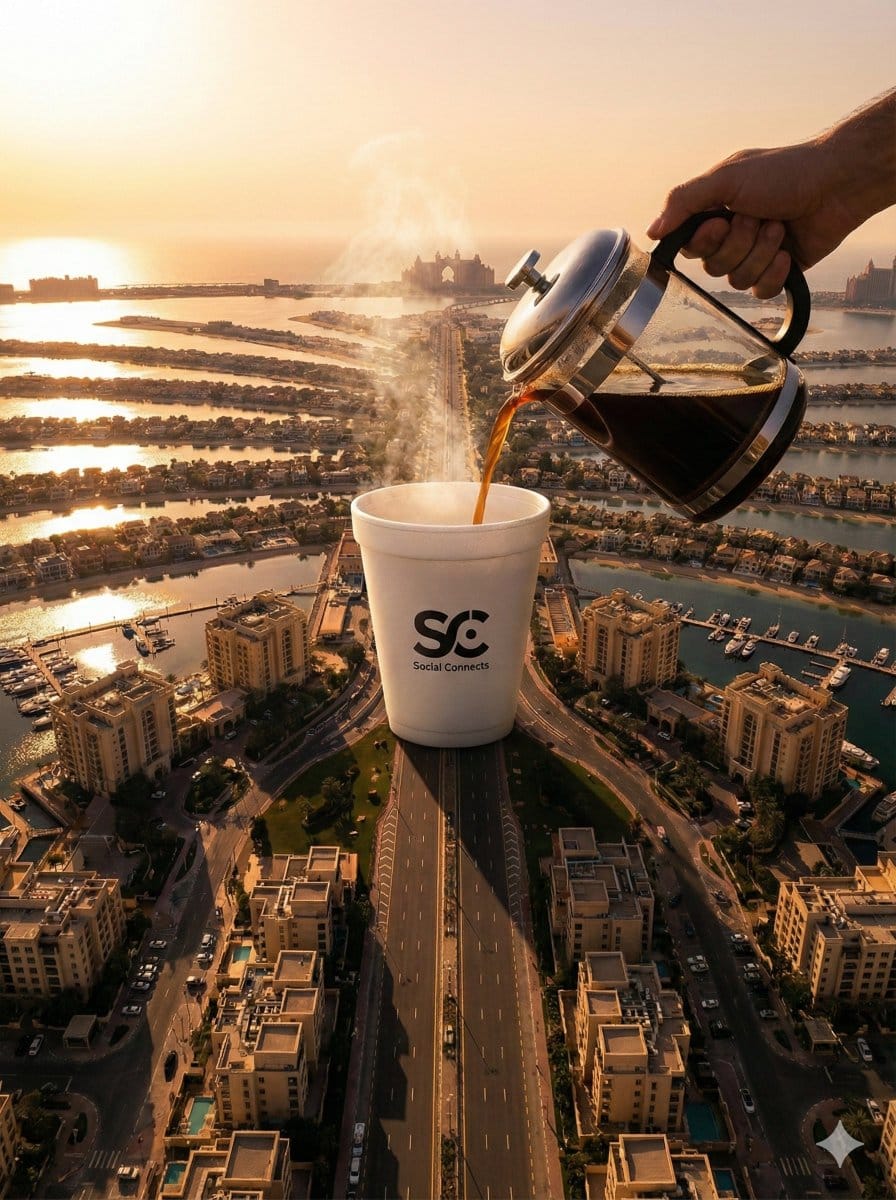 Surreal Aerial View of Giant Coffee Cup on Palm Jumeirah