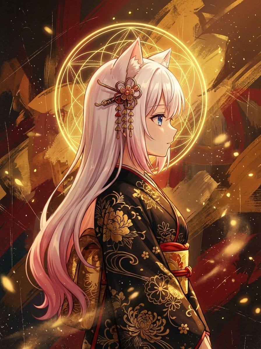 Surreal Anime Nekomimi in Kimono - AI Prompt