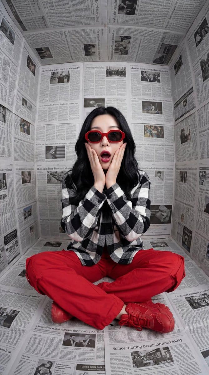 Surreal Editorial Fashion Portrait with Newspaper Background