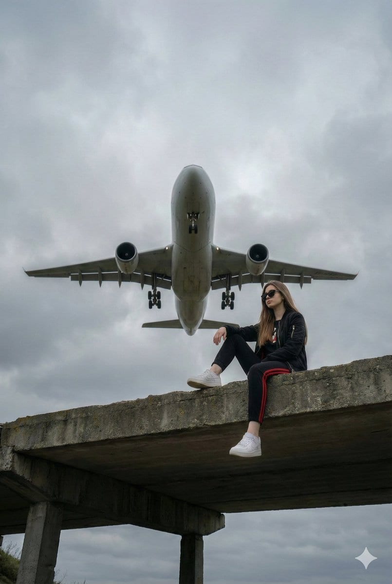 Surreal Low-Angle Portrait with Low-Flying Airplane Prompt