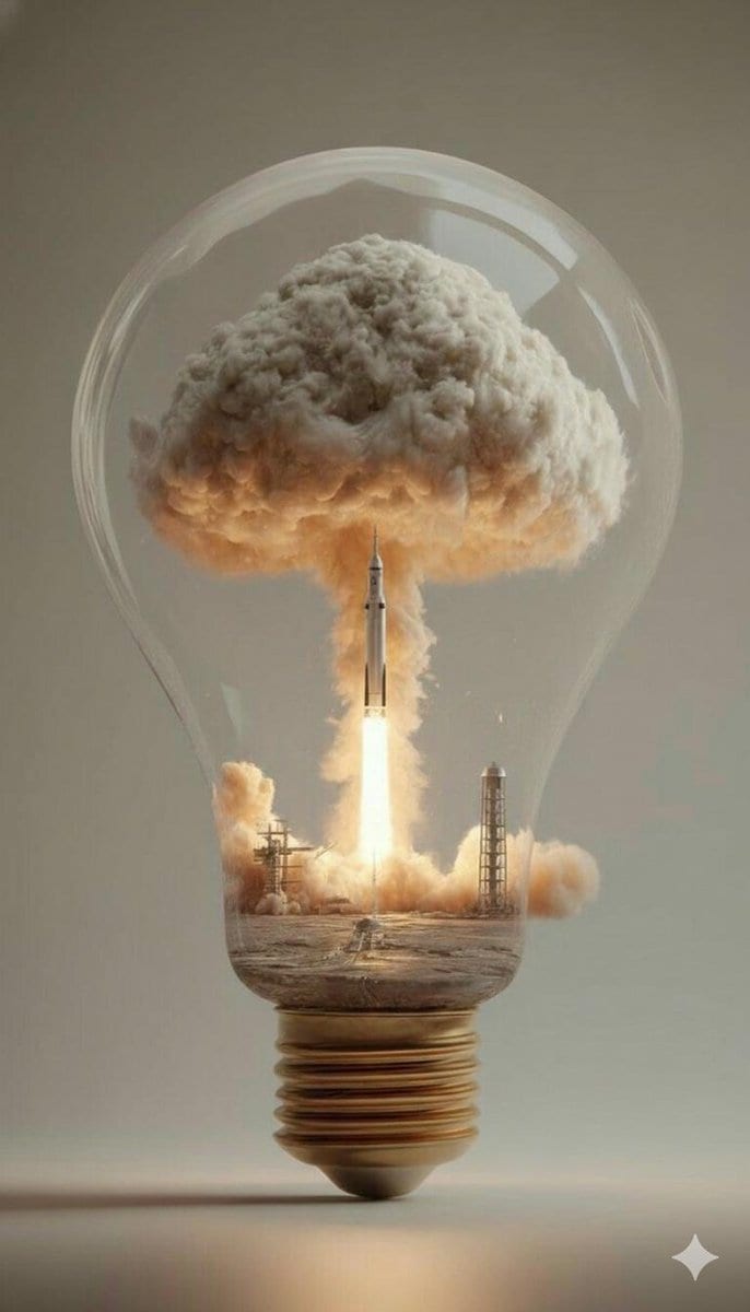 Surreal Rocket Launch in a Lightbulb