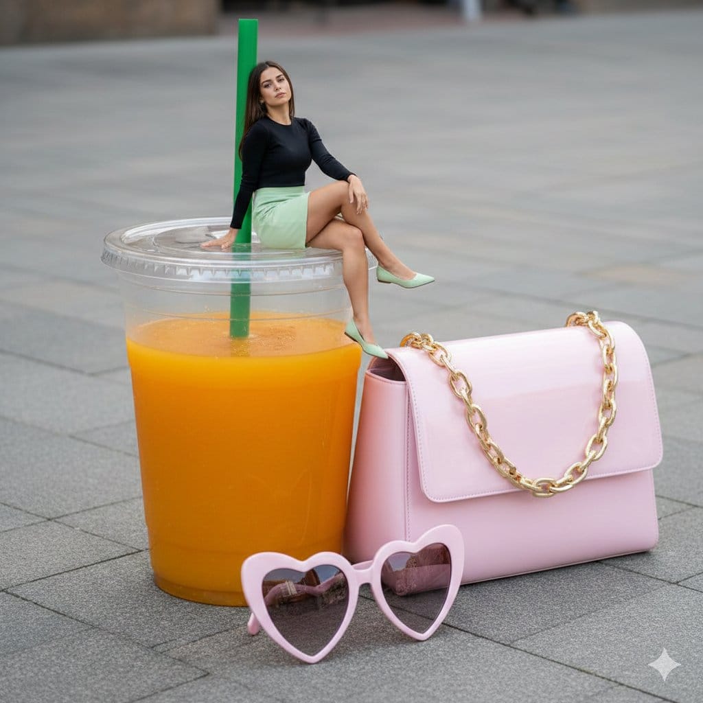 Surreal Scale Photorealistic Scene: Woman on a Giant Drink