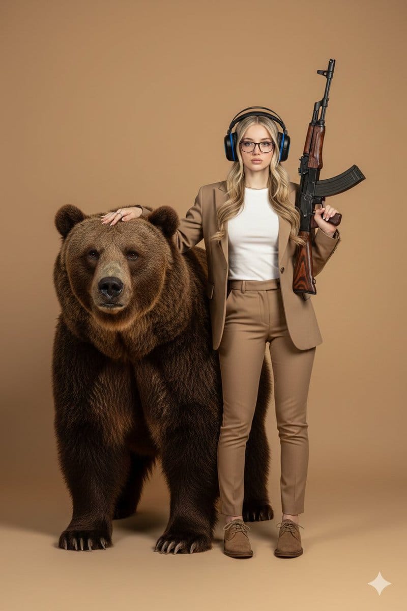 Surreal Studio Portrait with Grizzly Bear and Rifle