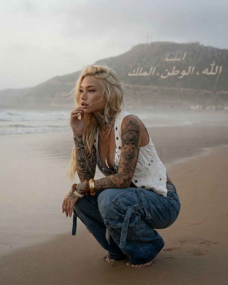 Tattooed Woman on Misty Beach Fashion Editorial