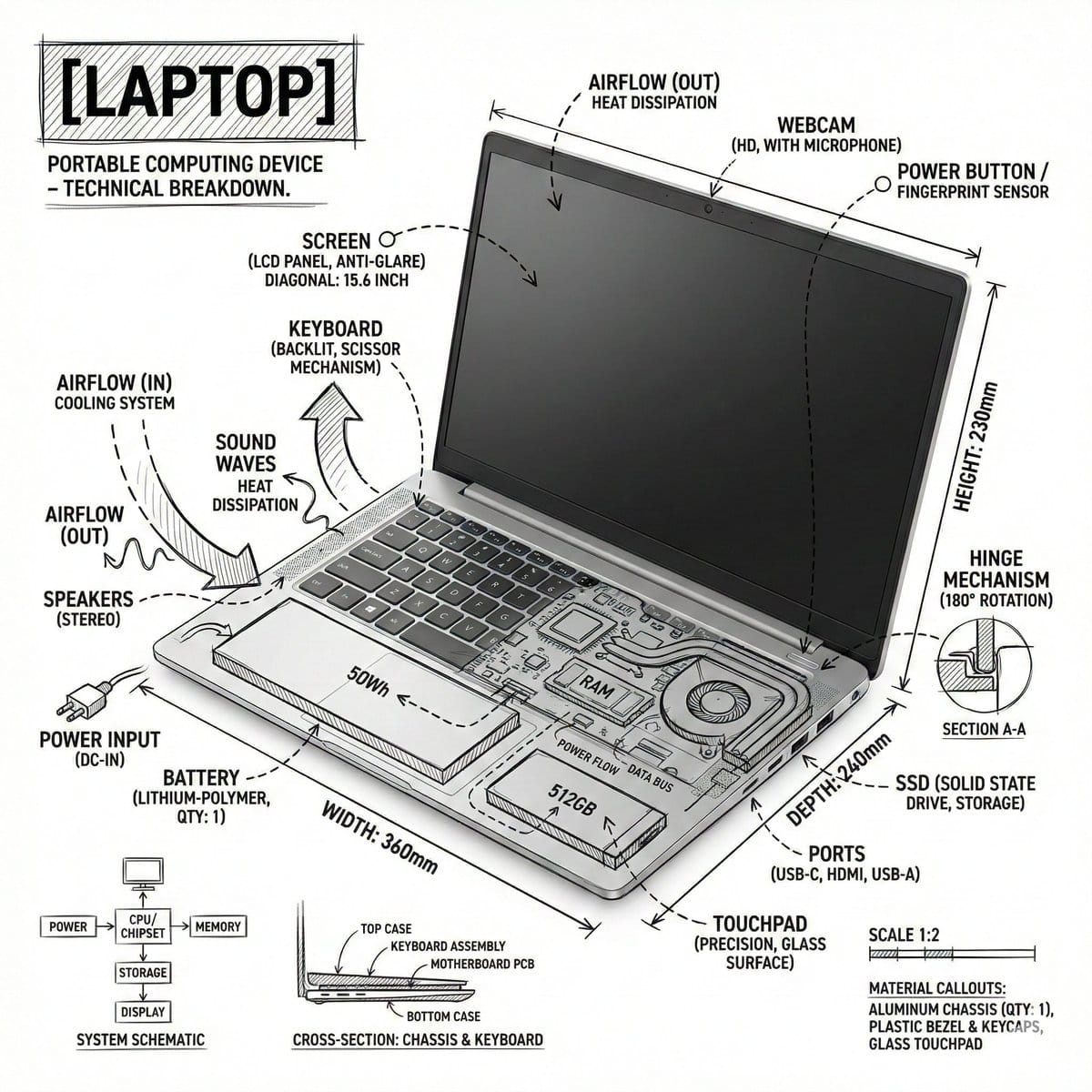 Technical Infographic Overlay on a Laptop Image