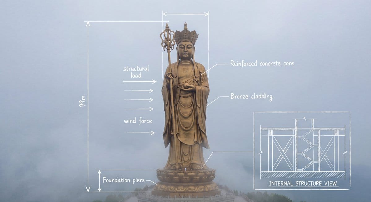 Technical schematic overlay on Ksitigarbha Bodhisattva statue