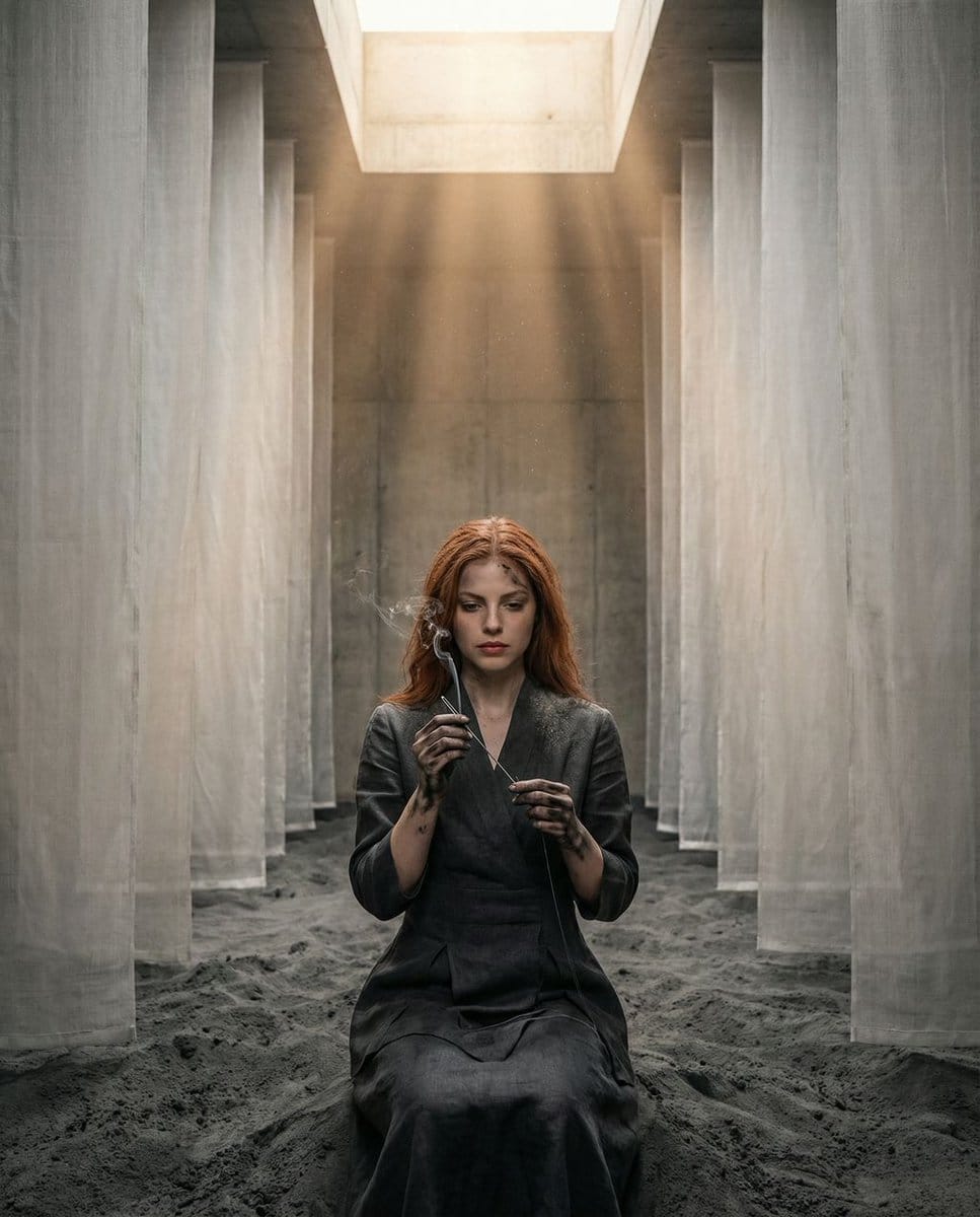 The Symmetrical Ash Ritual: Hyper-Realistic Brutalist Portrait