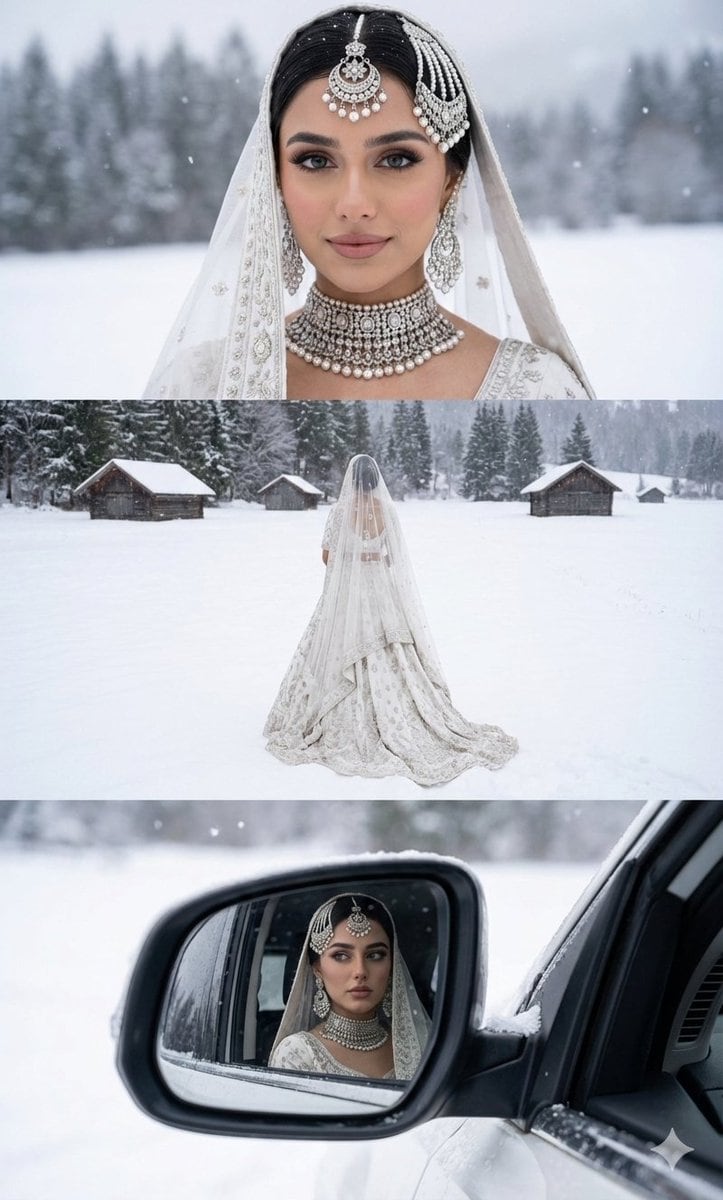 Three-Panel South Asian Bride in Snowy Landscape