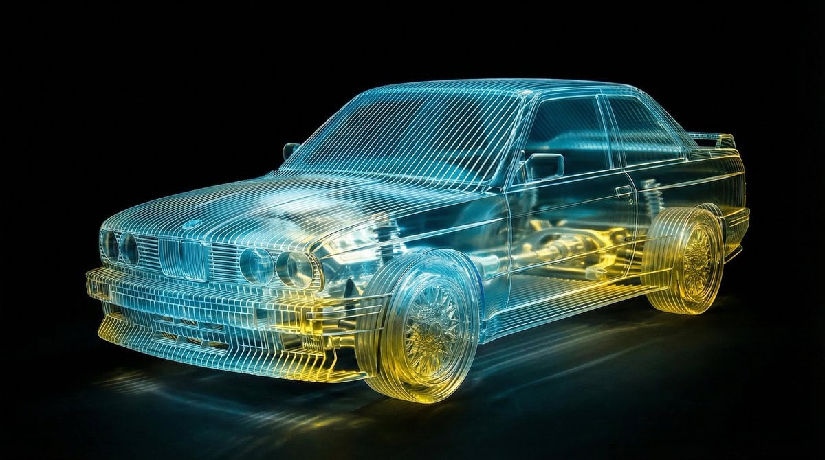 Transparent Layered Glass Supercar Sculpture Prompt