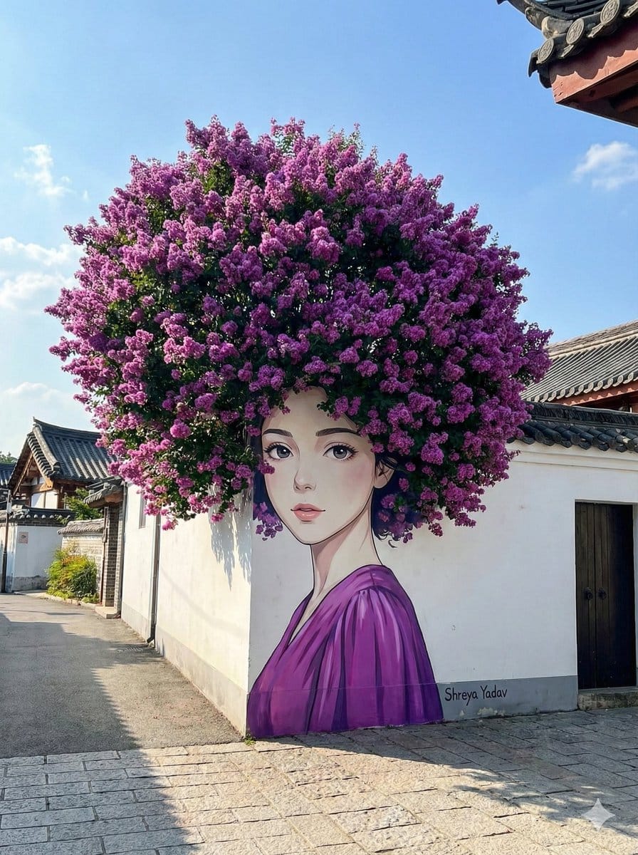 Trompe-l'œil Street Art with Flowering Bush Hair