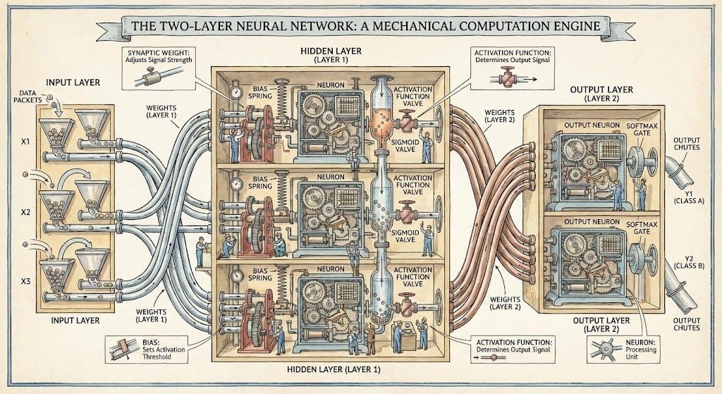 Two-layer neural network diagram in Stephen Biesty style