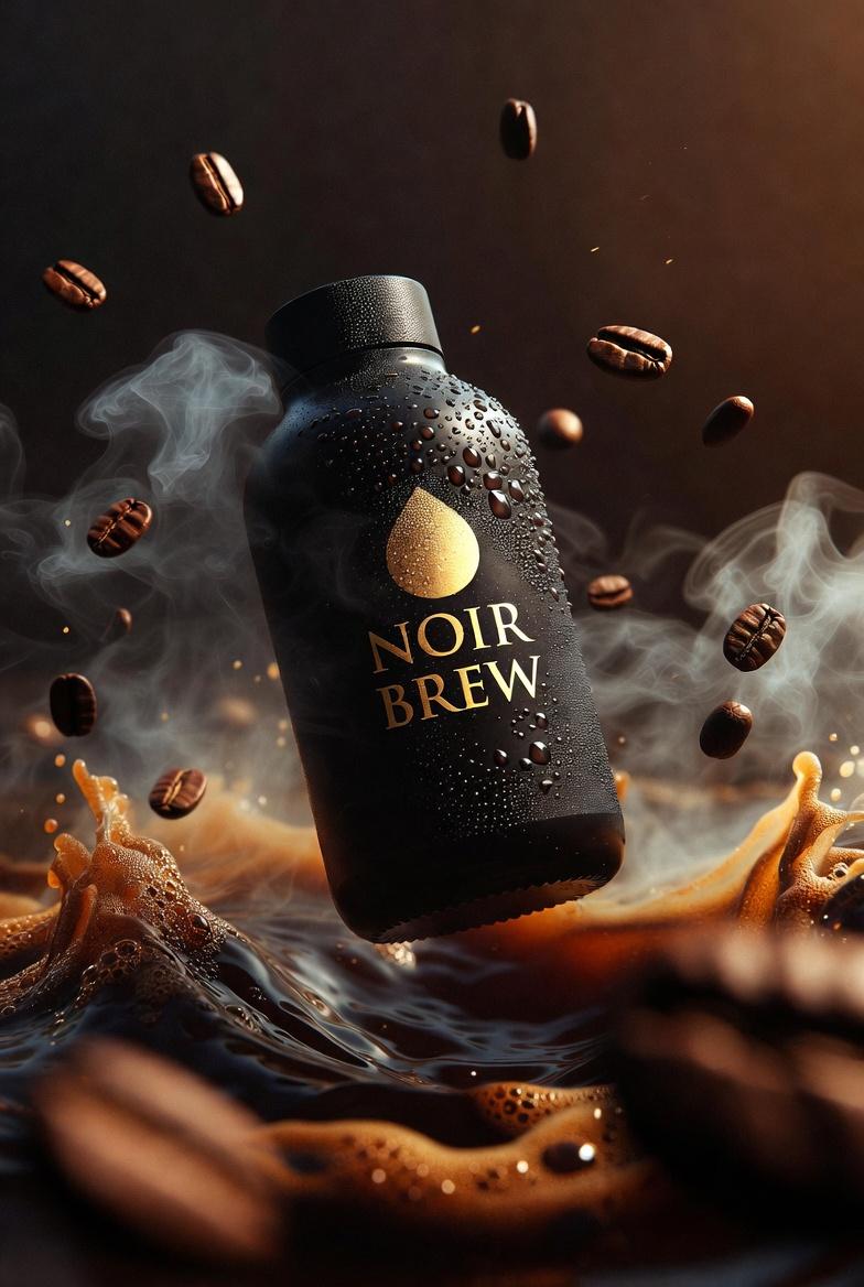 Ultra-Cinematic Product Photography of 'NOIR BREW' Coffee Bottle