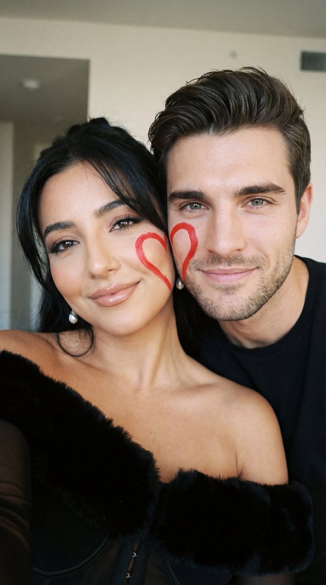 Ultra-Close Photorealistic Couple Selfie with Heart Cheek Paint
