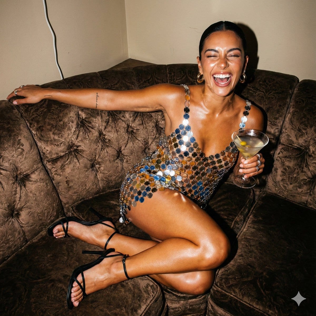 Ultra-Photorealistic Flash Photography Prompt for a Dynamic Female Pose on a Grand Piano