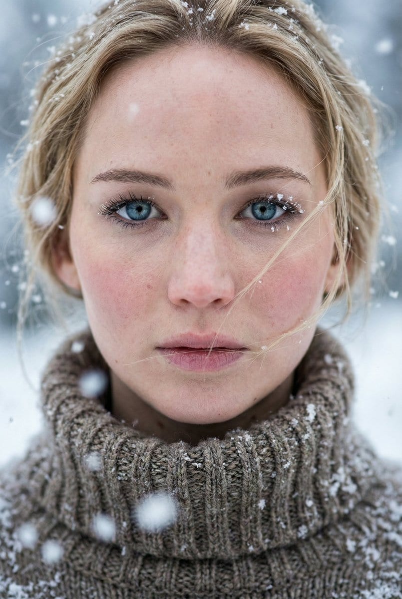 Ultra-Photorealistic Winter Portrait Macro Focus (Jennifer Lawrence)