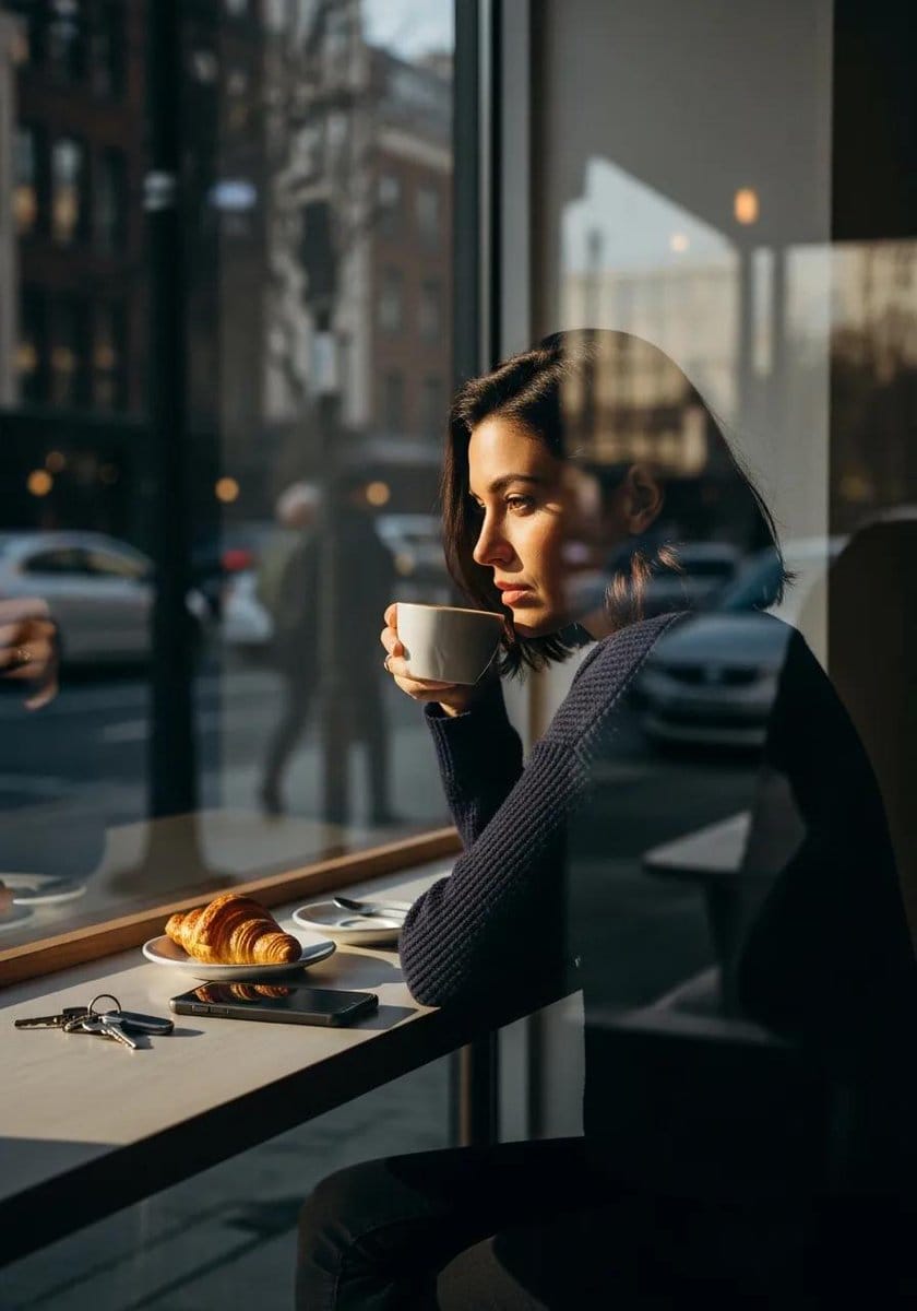 Ultra-realistic cinematic lifestyle photograph of a reflective woman in an urban café