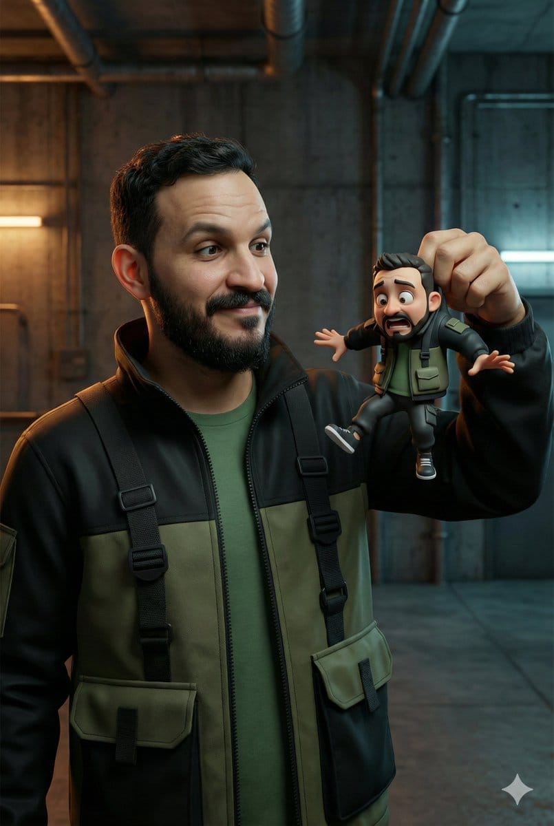 Ultra-Realistic Man Holding Cartoon Miniature of Self