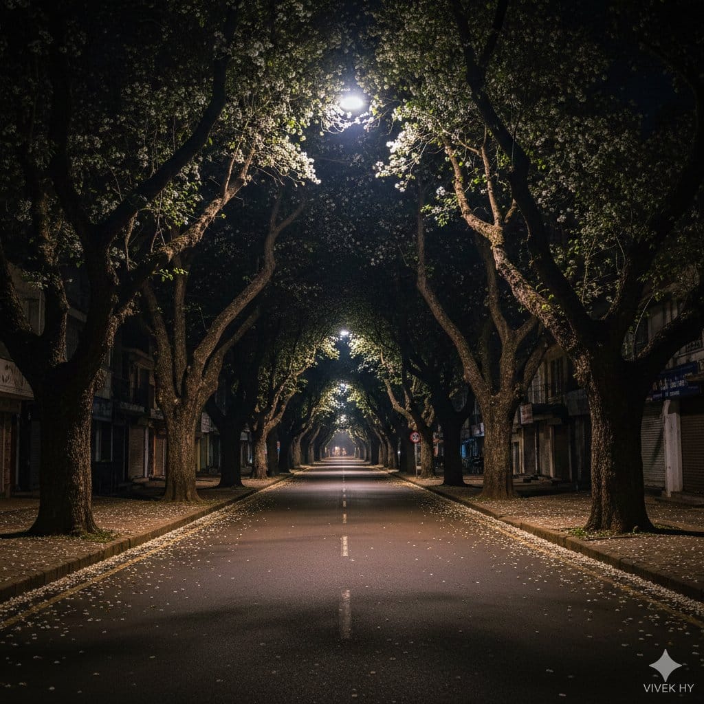 Ultra-realistic Night Street Scene with Petals