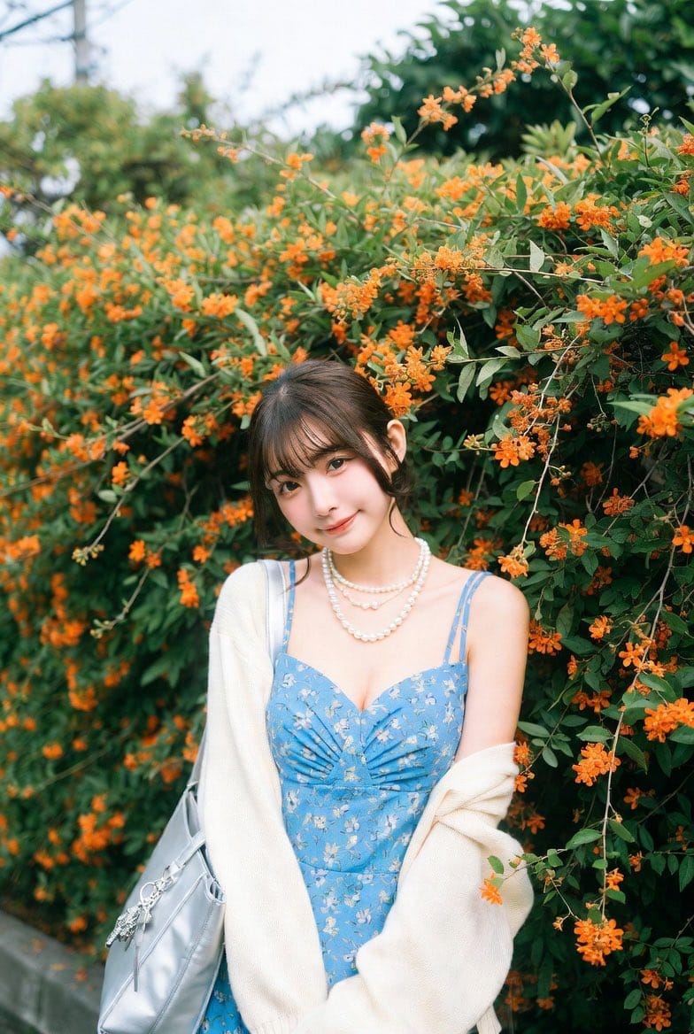 Ultra-Realistic Street-Garden Portrait of an Asian Idol