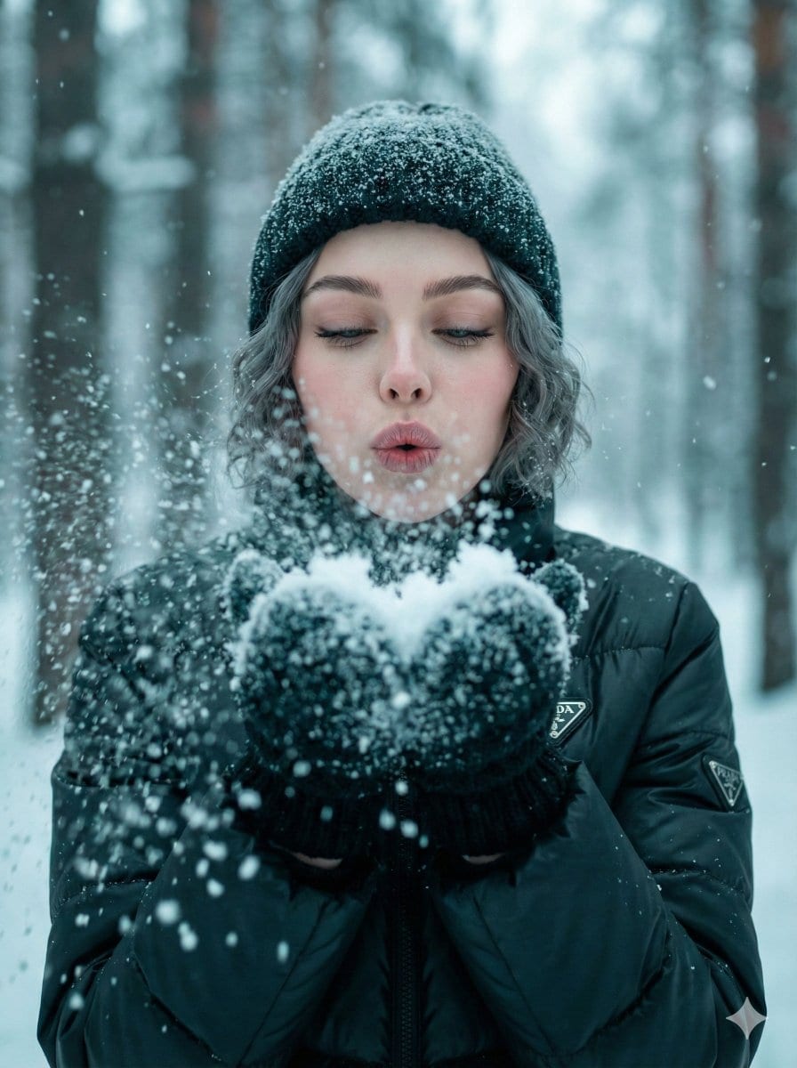 Ultra-Realistic Winter Snow Blowing Portrait Prompt