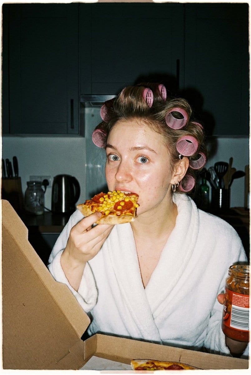 Ultra Photorealistic Candid Flash Portrait of a Woman Eating Pizza