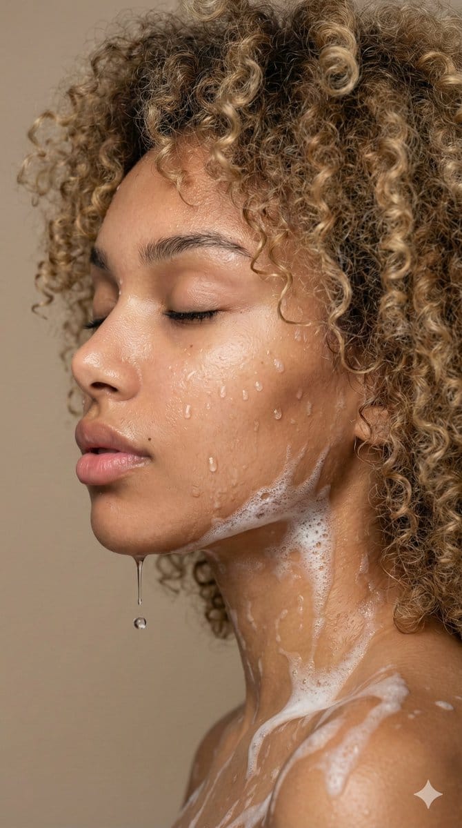 Ultra Photorealistic Shower Portrait with Water Droplets