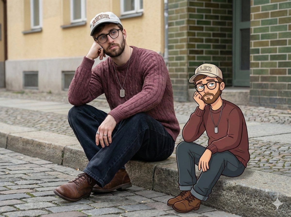 Urban Street Portrait with Cartoon Inner Self Duo