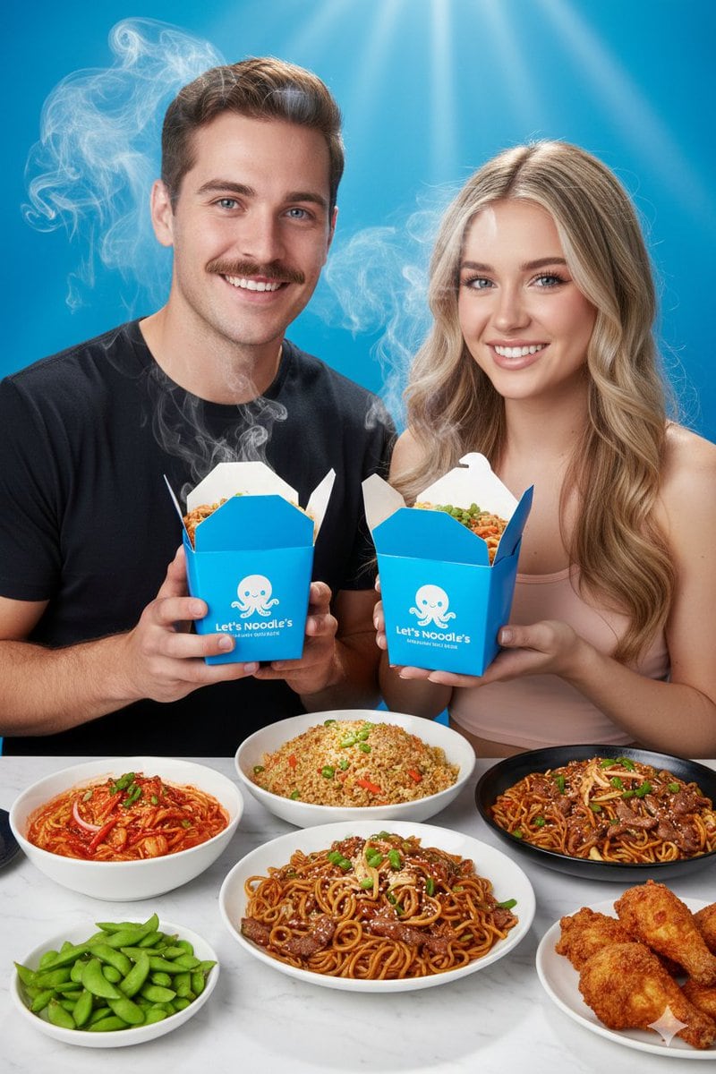 Vibrant Food Photography with Couple and Noodle Boxes