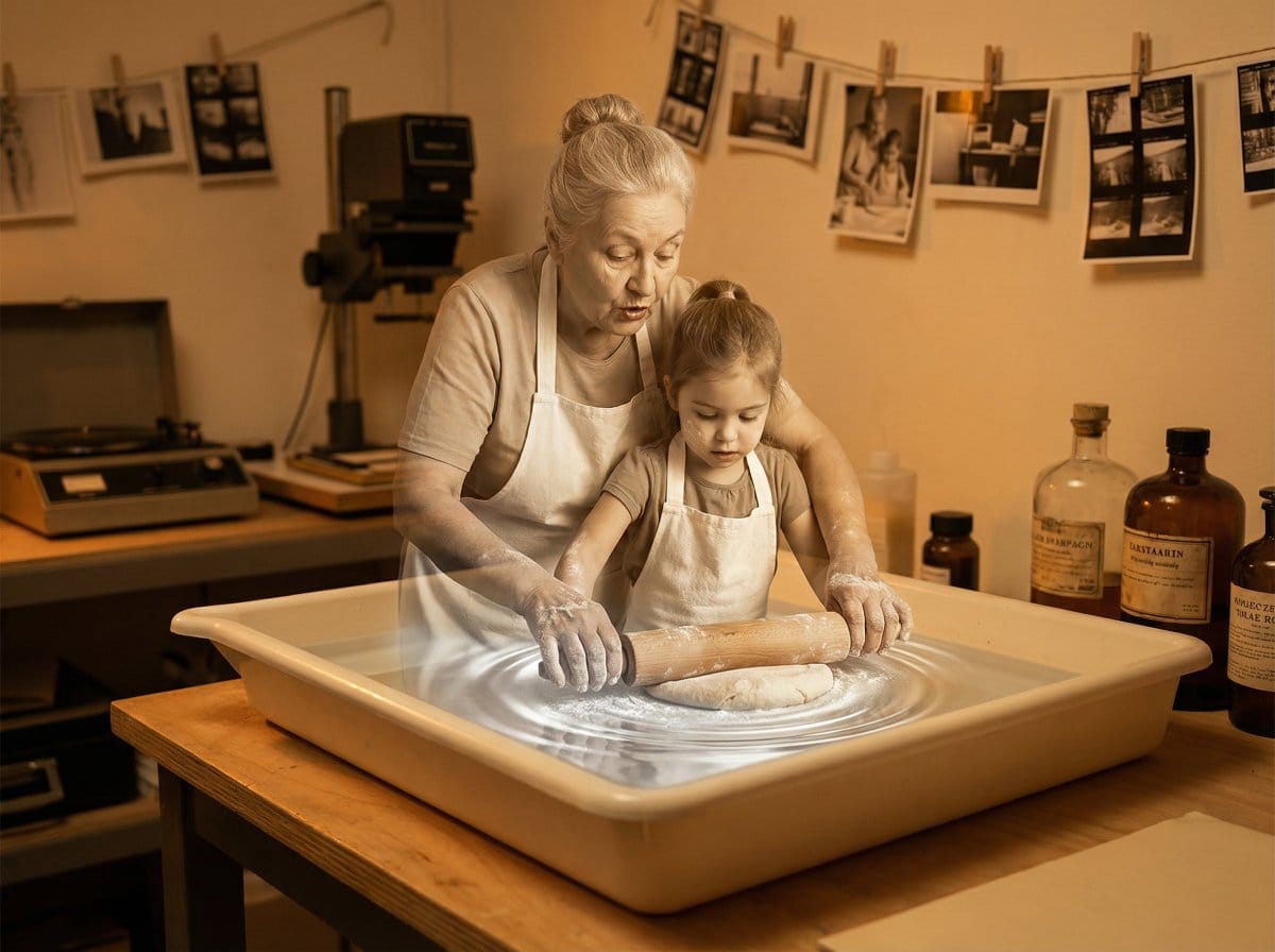 Vintage Photograph Developing in Darkroom with 3D Emergence
