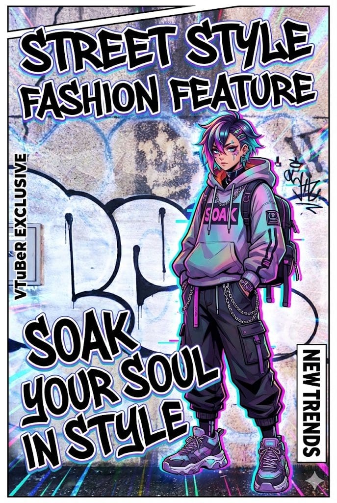VTuber-style street-fashion thumbnail from a city photo