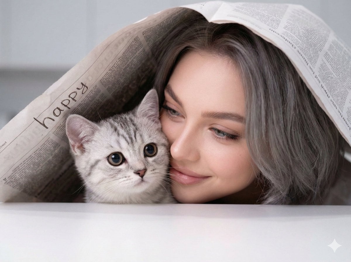 Warm Portrait of Woman and Kitten Peeking Under Paper