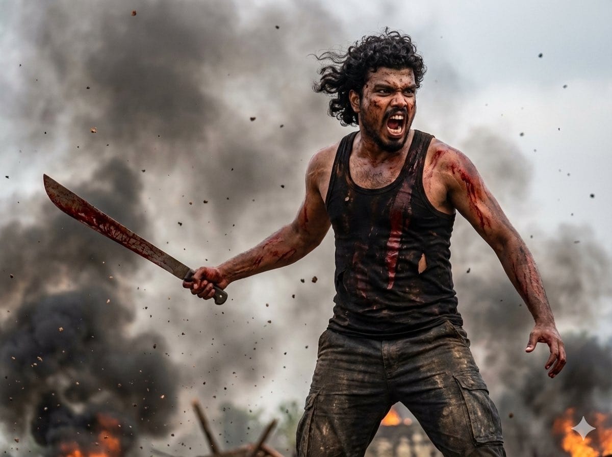 Warrior in Action Pose on Battlefield