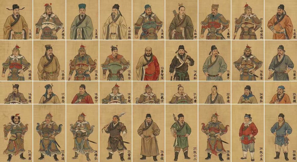 Water Margin top 30 characters grid in gongbi style