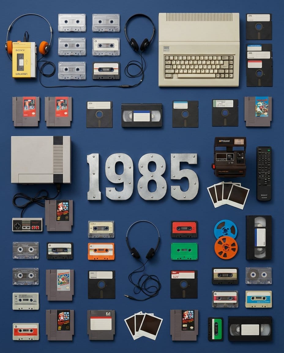 Wes Anderson Style Flat Lay of Historical Inventions